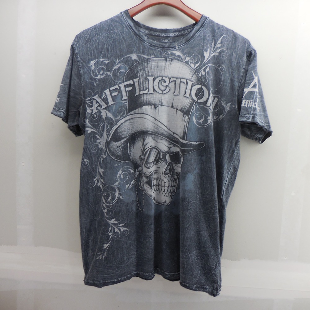 Affliction Mens Large Skull Top Hat Graphic T-Shirt Gray Acid Wash Distressed US